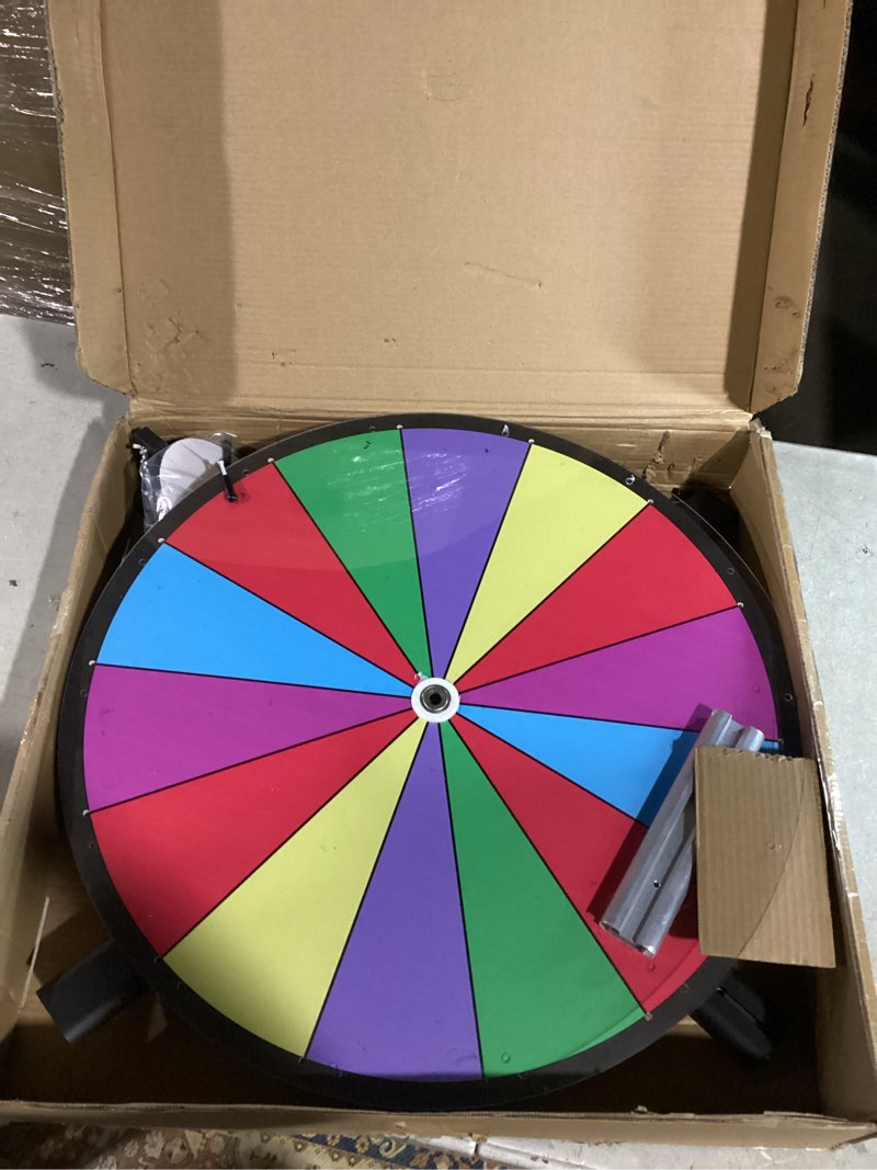 Condition photo showing As Is for T-SIGN 24 Inch Dual Use Spinning Prize Wheel 14 Slots Color Tabletop and Floor Roulette Wheel of Fortune with Dry Erase Marker and Eraser Win The Fortune Spinner Game for Carnival Trade Show 24-inch Adjustable Prize Wheel