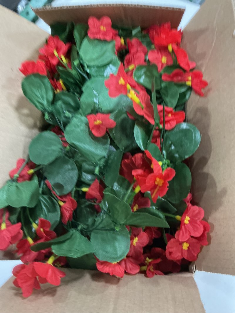 Condition photo showing Good Condition for Artificial Fake Hanging Flowers Plants with Baskets for Outdoor Decoration,Faux Blue Silk Orchid Flower Arrangement Planter for Home Indoor Outside Porch Balcony Decor red