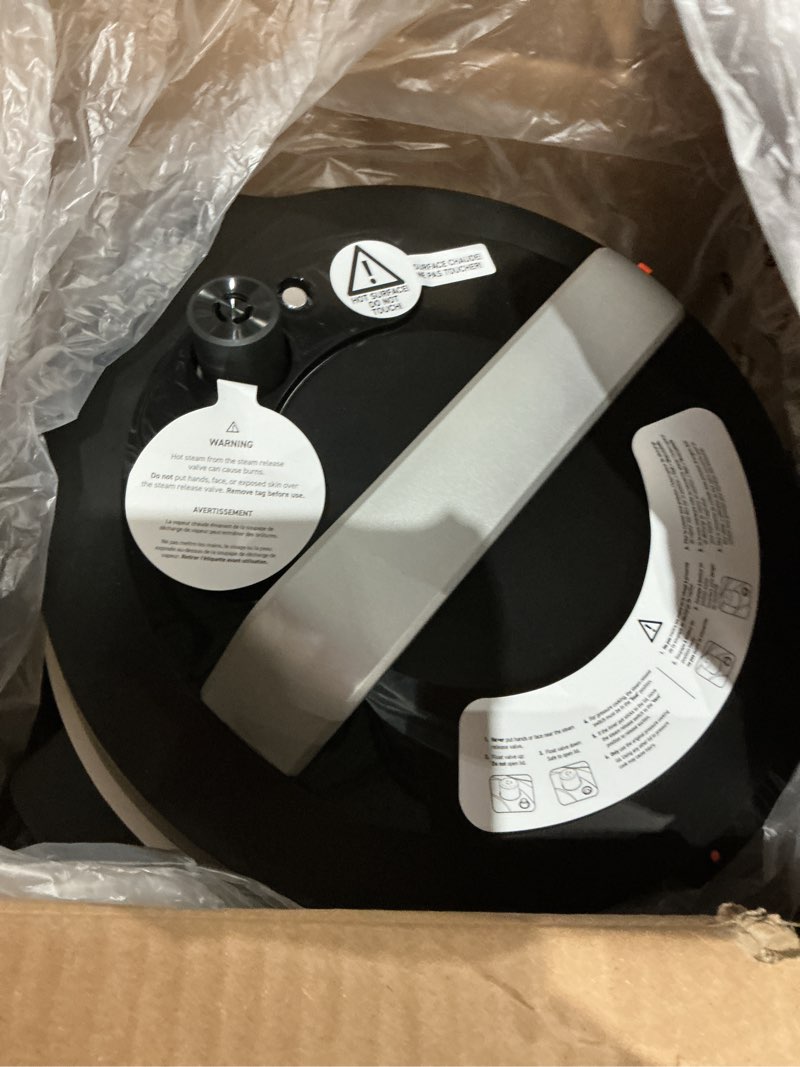 Condition photo showing As Is for cosori pressure cooker 6qt, stainless steel, 9-in-1 multi cooker, 12 safety features, ceramic inner pot, rice, slow cook, sous vide, saute, 1100w