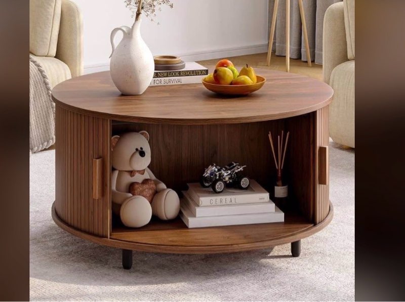 round coffee table with storage, 31.5" modern coffee table with 360° curved sliding door, fluted woo
