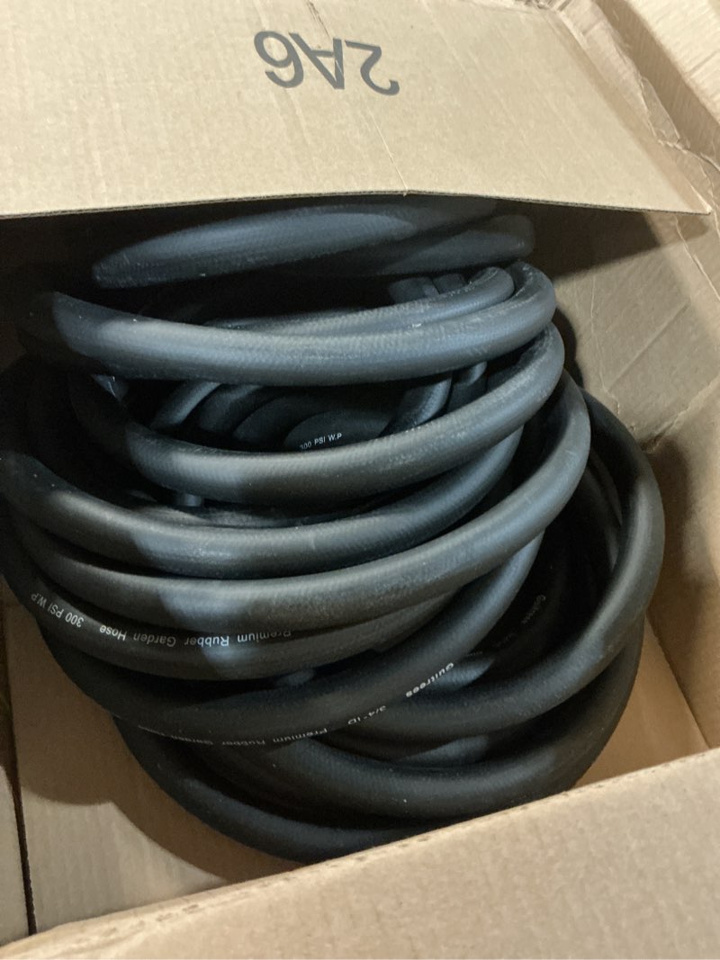 Condition photo showing As Is for 75FT 3/4 Heavy Duty Rubber Garden Hose - 300psi Working, 1000psi Burst - Hot/Cold Water - Five-Layered Braiding for Durability - Versatile for Gardening, Agriculture, Construction(Black) 3/4 75FT Male to Female Black
