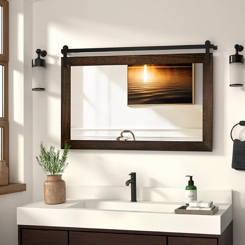 COGOOD Farmhouse Bathroom Mirror - 41" x 30" Rustic Barn Door Mirror for Living Room, Entryway, Bedroom, Vanity Wall Decor 