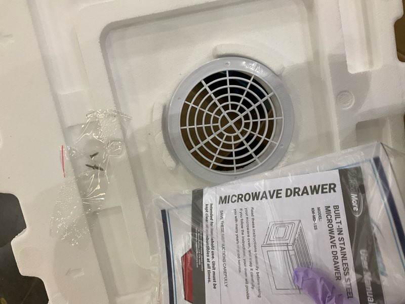 Condition photo showing As Is for KoolMore 24 Inch Stainless-Steel Microwave Drawer with 1.2 cu. ft. Capacity, 1000W Power with 10 Custom Cooking Levels, Memory, and Timer Functions, Wall-Mounted with Flat Bottom (KM-MD-1SS) Drawer 24 in/1.2 Cu. Ft.