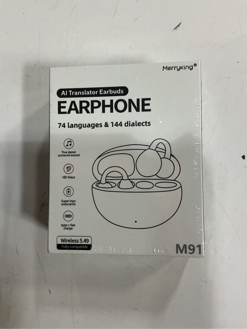 Condition photo showing New/Like New for language translation earbuds, 3-in-1 free-clip translator earbuds, 144-language real-time two-way translation device, hd sound, long battery life, ios and android, ideal for travel & business, purple