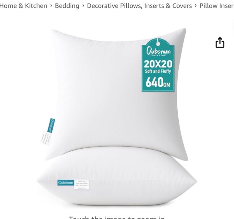 Oubonun 20"x20" Pillow Inserts (Set of 4) - 100% Cotton Cover, Square Throw Pillow Inserts for Couch