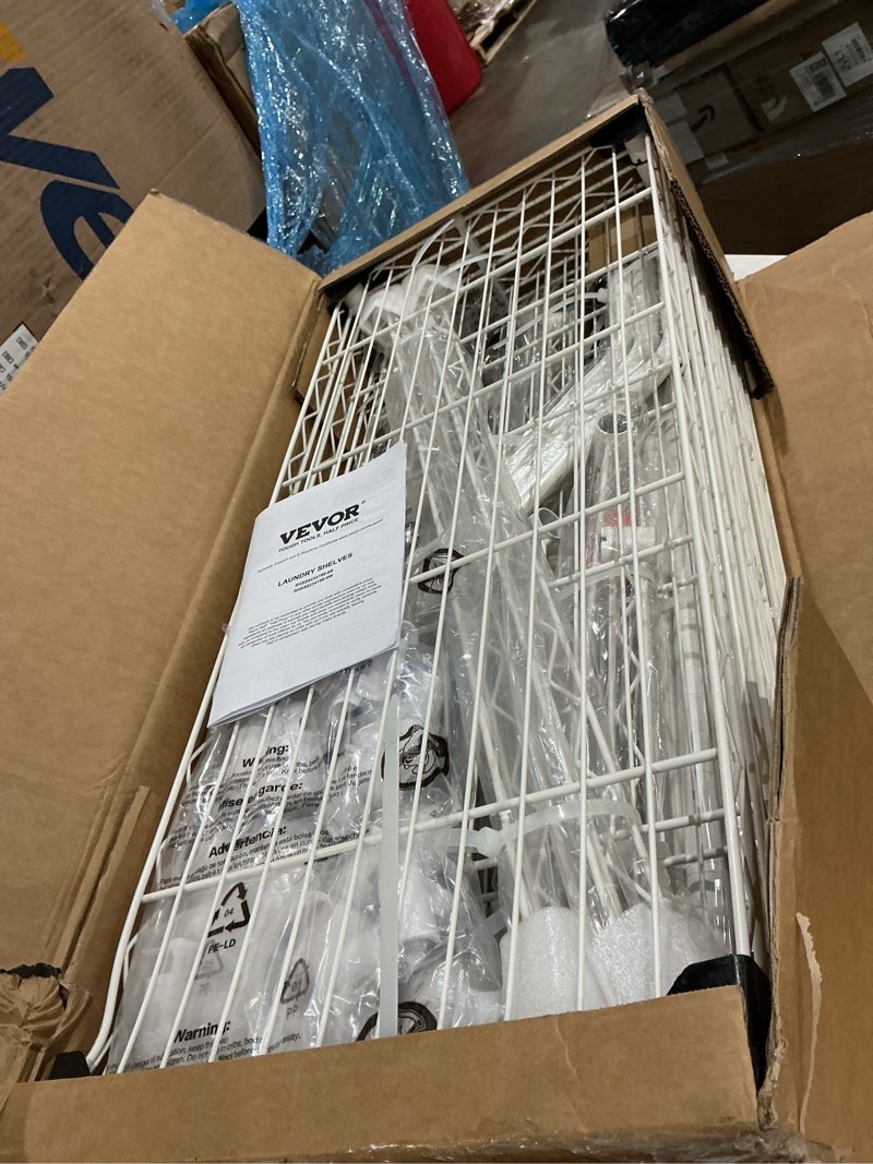 Condition photo showing New/Like New for vevor over washer and dryer storage shelves, 6 tiers laundry room drying rack with hanger rod and hooks, two rows adjustable washer shelves space saver, for laundry room storage & organization, black