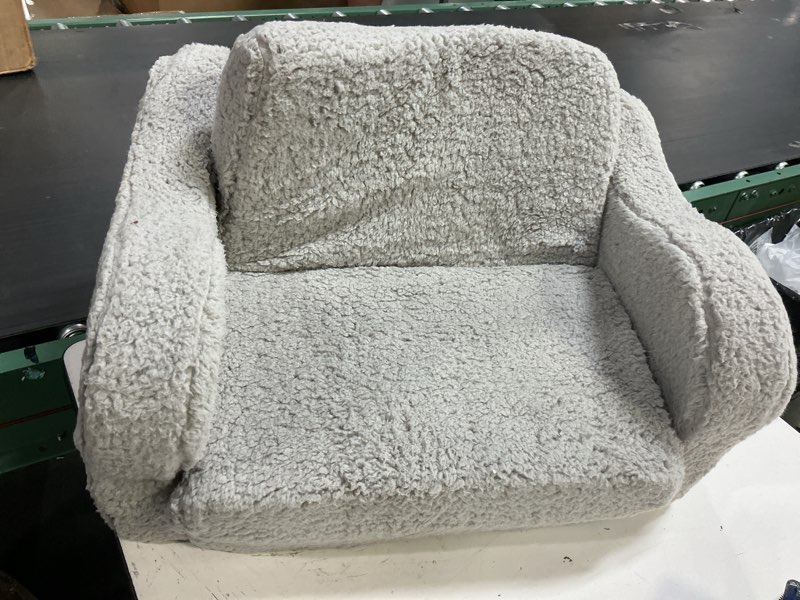 Condition photo showing As Is for momcaywex kids sofa, 2-in-1 flip-out foam couch with soft sherpa cover, cozy play lounge chair, grey grey medium