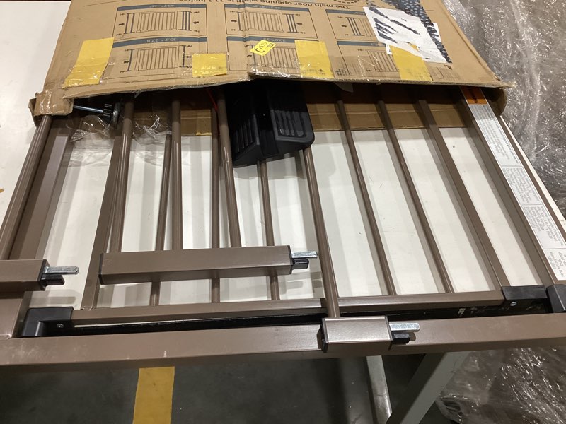 Condition photo showing As Is for cumbor 30-46" baby gate for stairs, mom's choice awards winner-auto close dog gate for the house, easy install pressure mounted pet gates for doorways, easy walk thru wide safety gate for dog, brown brown 30"-46" w x 30.5" h