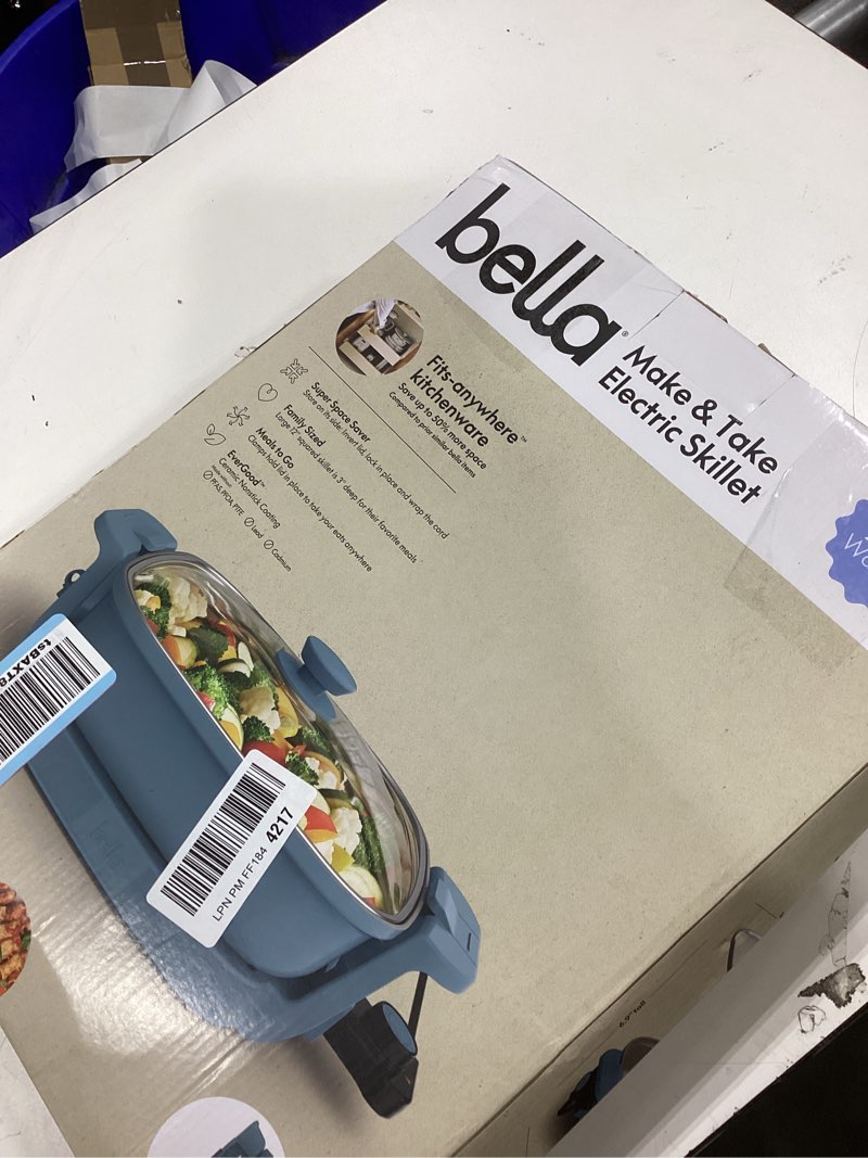Condition photo showing As Is for bella Make & Take Electric Skillet, Fits-anywhere™ kitchenware, EverGood™ Ceramic Coating, Adjustable Temperature & Dishwasher-Safe Tempered Glass Lid, Cast Aluminum Base, 1200 Watt, Surf