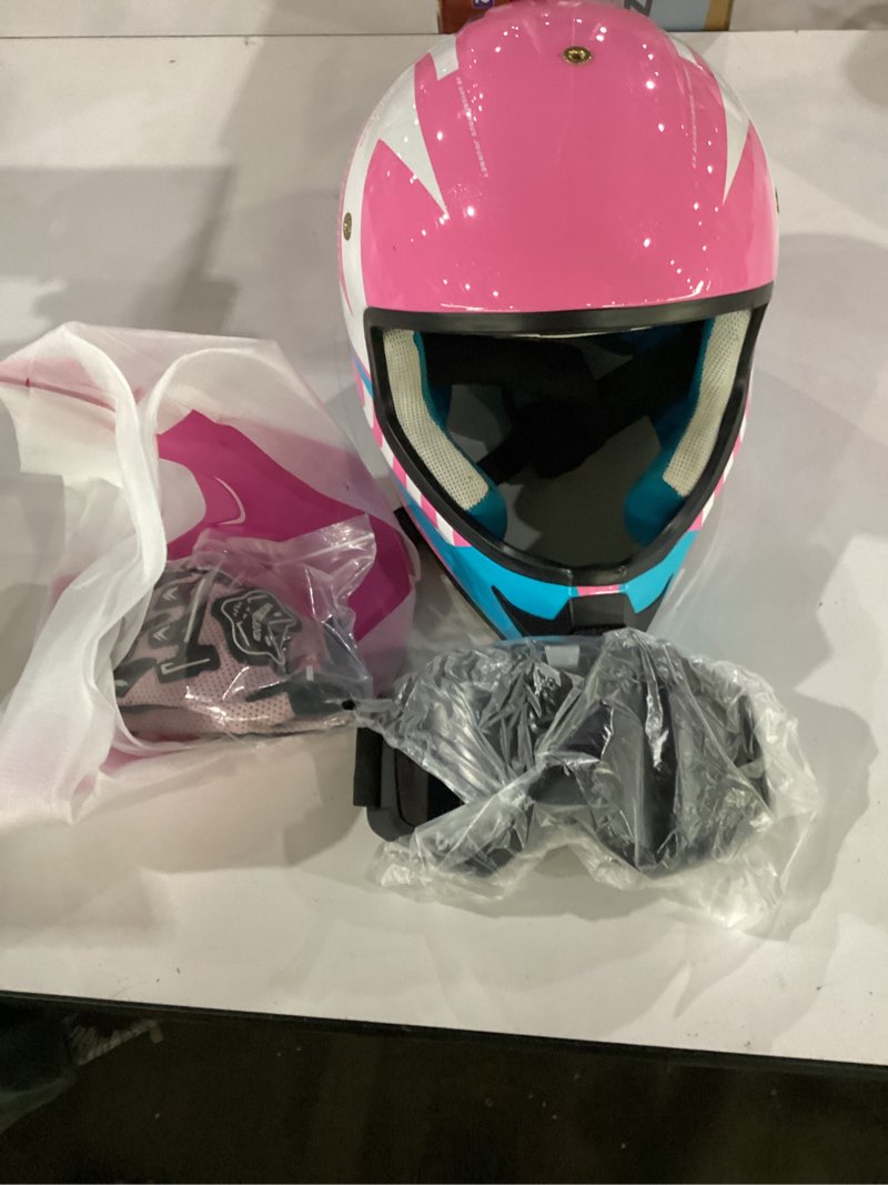 Condition photo showing Good Condition for youth dirt bike helmet dot approved, kids motocross full face helmet with adjustable goggles riding gloves & storage bag, off-road sport gear set for boys girls atv utv pink large