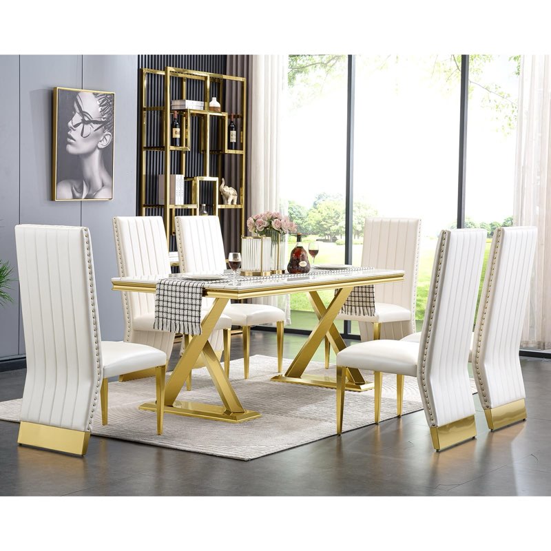 Glam Leather Dining Chairs With Channel Back And Mirror Gold Legs