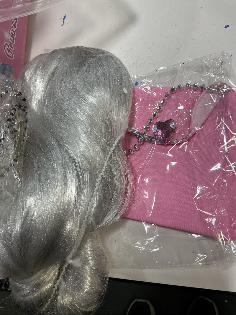 Condition photo showing As Is for 11 PCS Old Lady Costume for Kids - 100 Days of School Costume for Girls - with Wig, Wrinkle Aging Stickers, Adjustable Cane - 100th Day of School Grandma Costumes for Kids Old Lady Costumes for 4-8