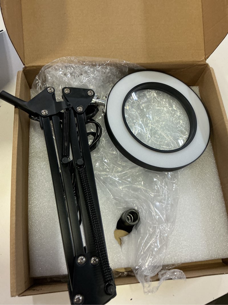 Condition photo showing As Is for 30x magnifying glass with light and stand, 3 color modes, 10 level adjustable dimming led lighting desk lamp, suitable for repair, reading, and close range work. (square)
