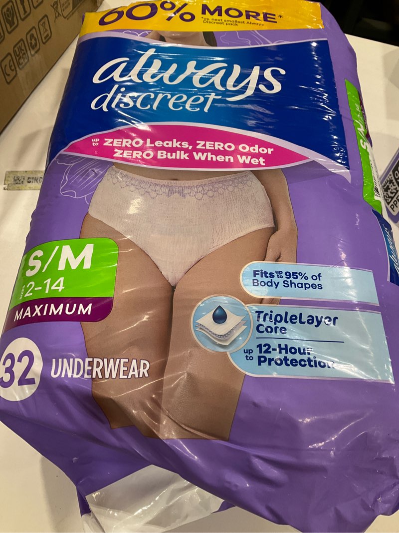 Condition photo showing New/Like New for Always Discreet Adult Incontinence Underwear for Women and Postpartum Underwear, Small/Medium, Up to 100% Bladder Leak Protection, 32 Count Small/Medium 32