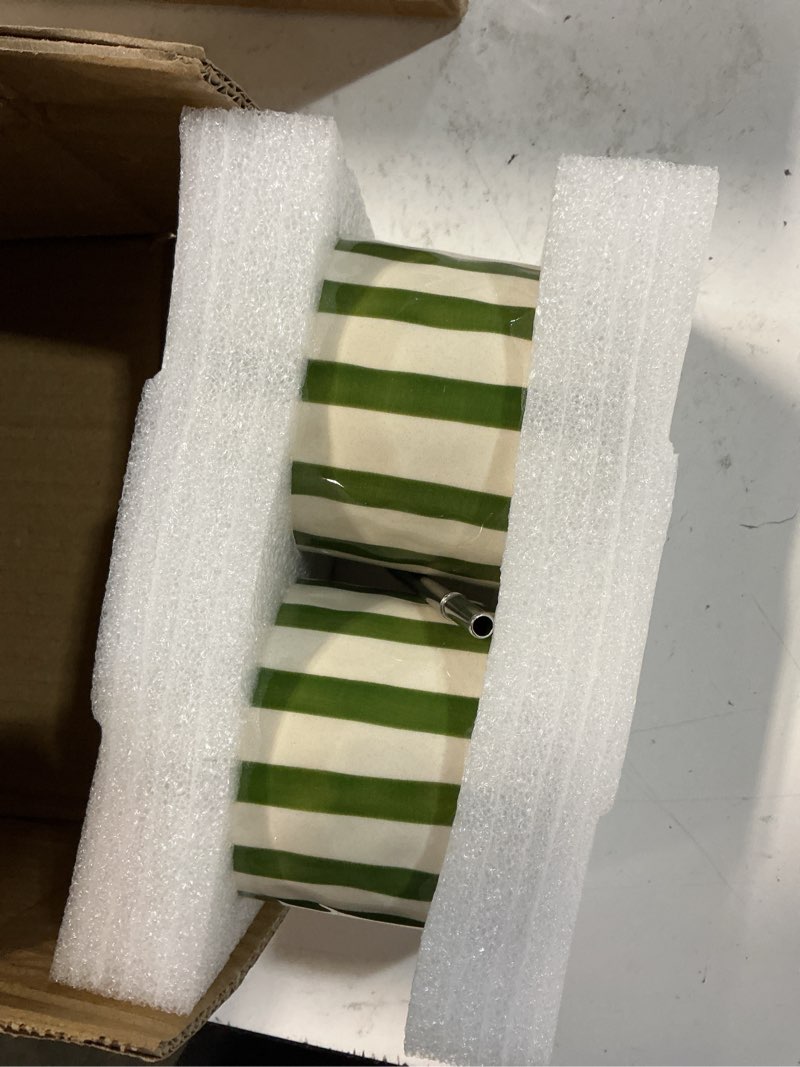 Condition photo showing Good Condition for coffee mug with sip hole and straw, ceramic iced coffee cup set of 2 for coffee tea latte, hand painted striped porcelain cups 10 oz with stainless steel straws, green & brown