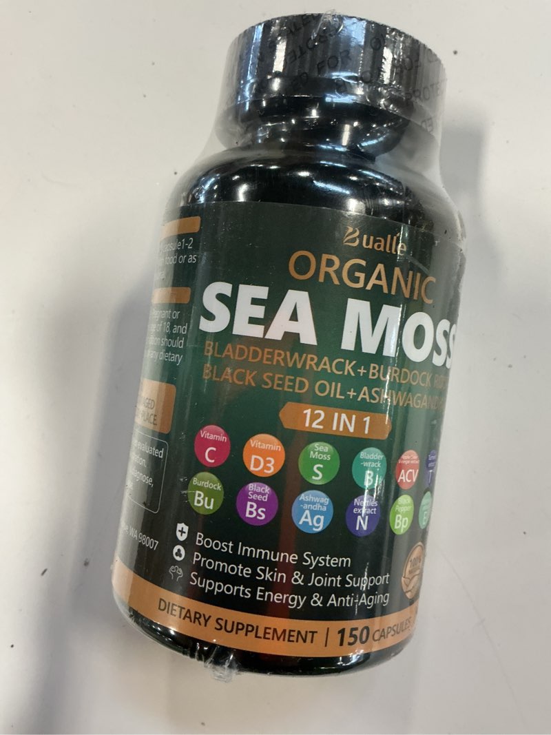 Condition photo showing New/Like New for (Exp:07/05/2027) Bualle Irish Sea Moss Capsules – Organic Sea Moss, Black Seed Oil, Ashwagandha Supplements with Bladderwrack, Ginger & Burdock Root – Supports Daily Wellness, Skin & Energy – 150 Capsules (1 Pack) 150 Count (Pack of 1) Sea Moss