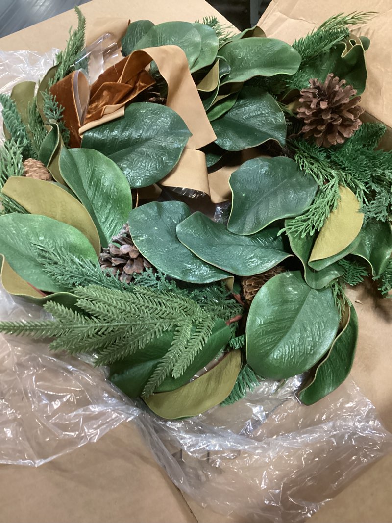 Condition photo showing Good Condition for 24" Artificial Christmas Wreath for Front Door, Holiday Winter Wreath with Magnolia Leaves, Pinecones and Bow Ribbon, Perfect for Indoor Outdoor Farmhouse Xmas Home Decor