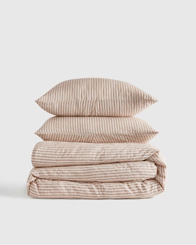 quince european linen stripe duvet cover set of 3, latte/white stripe, king/cal king