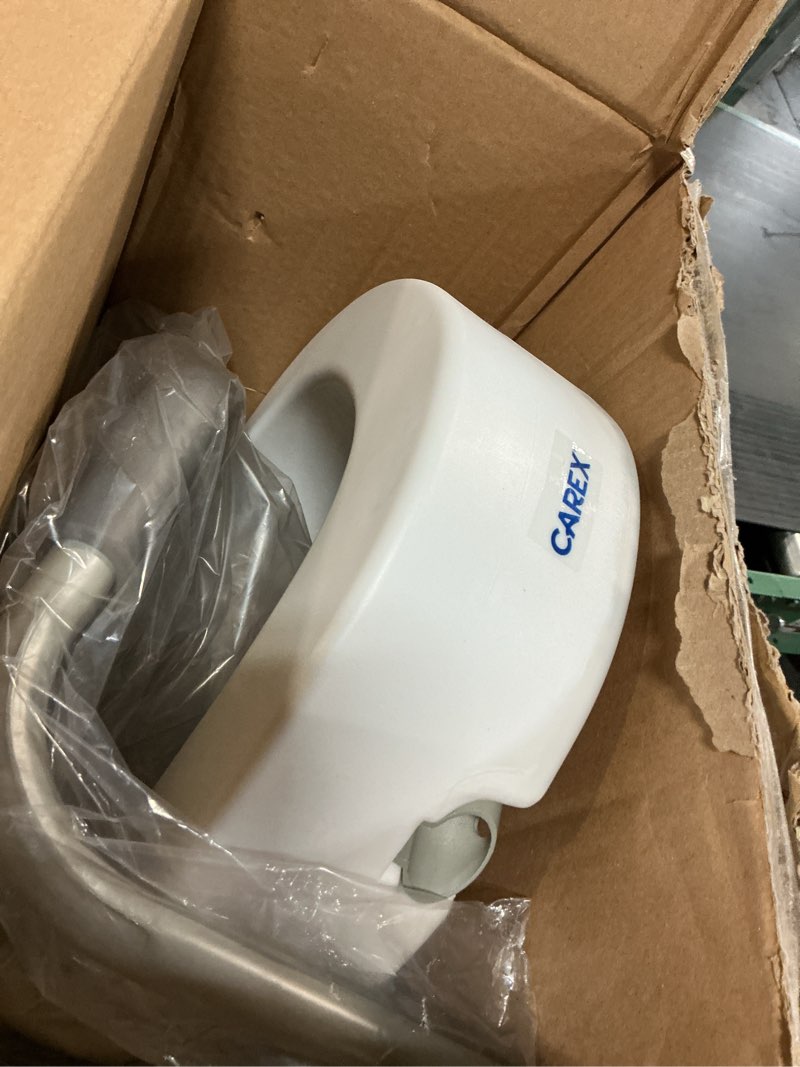 Condition photo showing As Is for Carex 3.5 Inch Raised Toilet Seat with Arms, Elongated Toilet Seat Riser, Up to 250 lbs Capacity, Elevating & Raising Seat for Elderly & Handicap, Universal, Slip-Resistant with Padded Handles, White