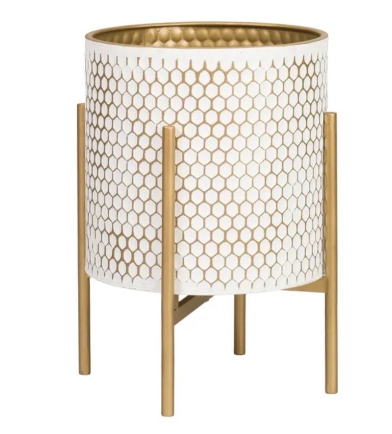 honeycomb mid-century modern indoor metal pot planter with 4-leg gold metal base - 18" h x 13.75" w