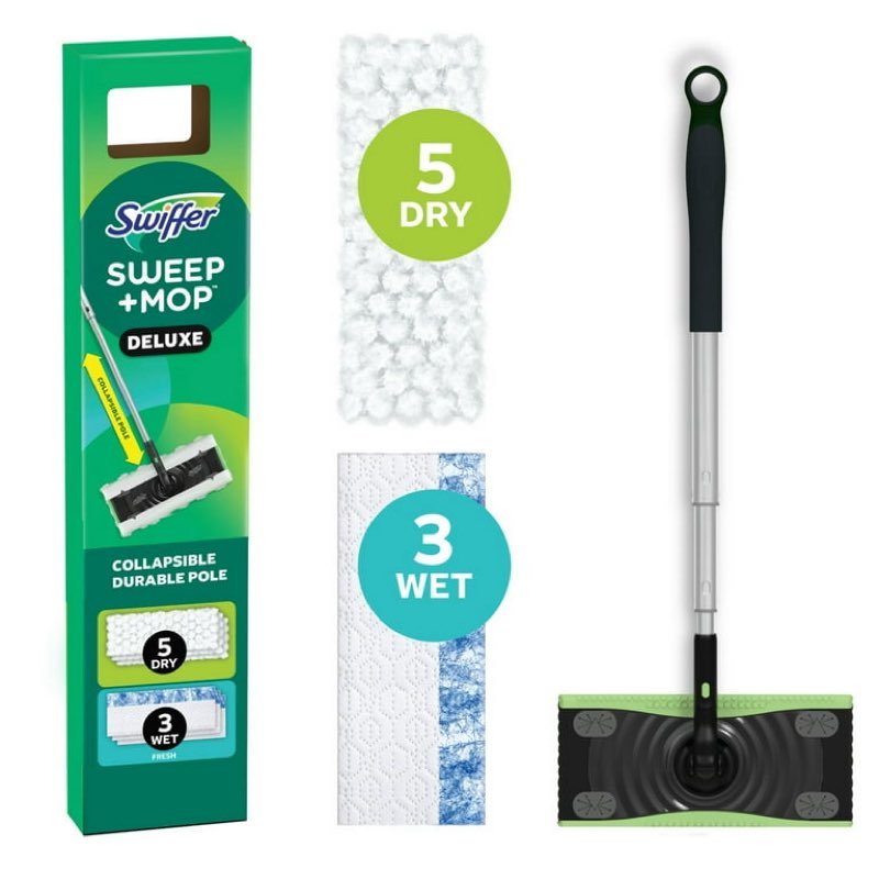 Swiffer Sweep and Mop Deluxe, 2-in-1 Floor Mopping and Sweeping Kit, 1 Device, 5 Sweep Refills, 3 Mop Refills  