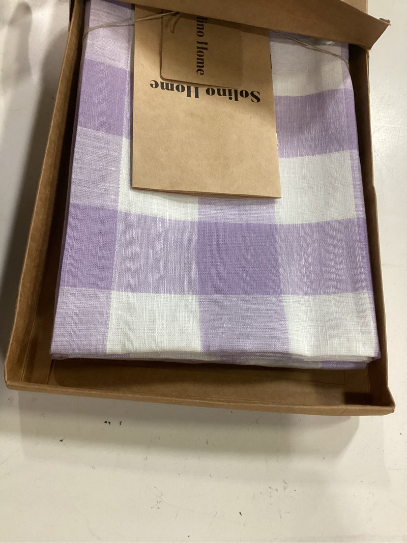 Condition photo showing New/Like New for (different colors ) solino home linen checkered tablecloth 60 x 90 inch - 100% pure linen natural and white buffalo check table cloth for rectangle tables - machine washable tablecloth for spring, summer, mothers day 01: natural & white 90\\\" x 60\\\" (rectangular)