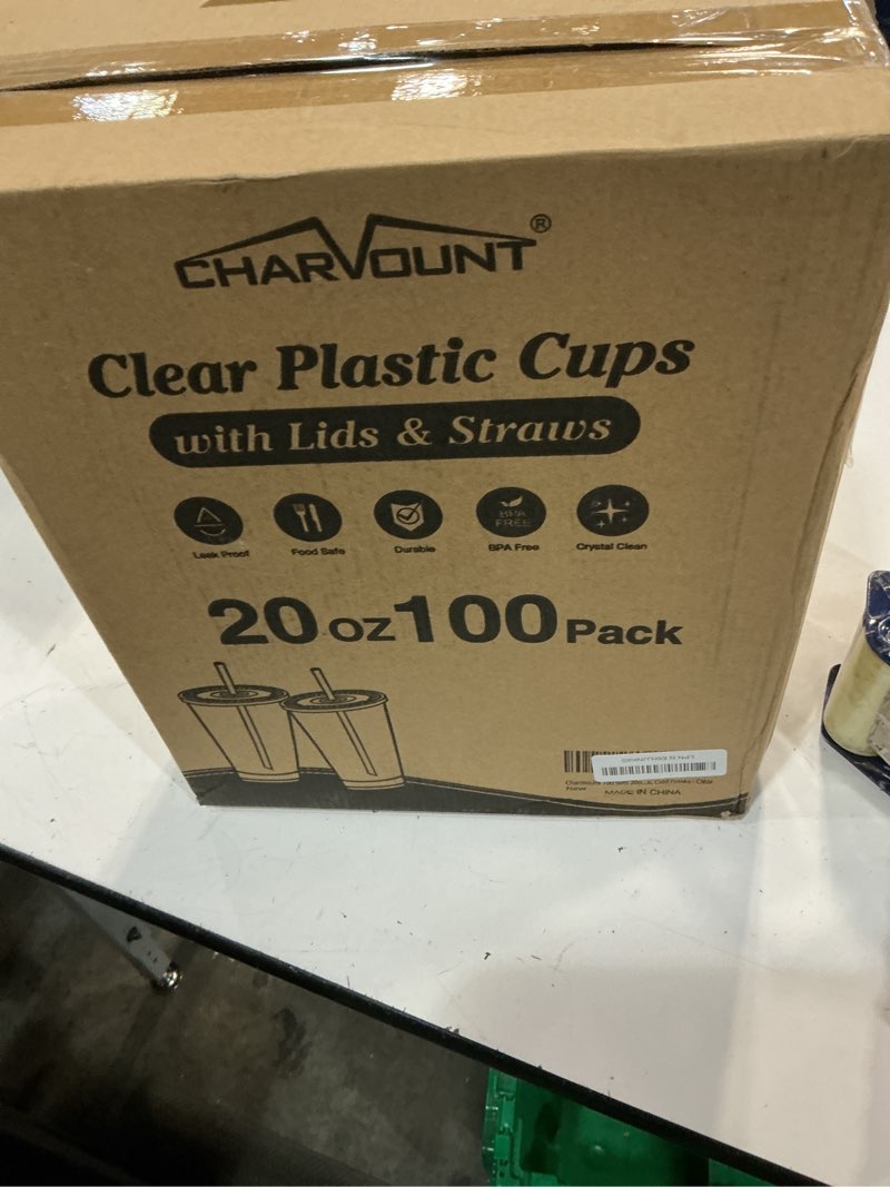 Condition photo showing New/Like New for charmount 100 sets- 20 oz clear plastic cups with lids and straws, disposable to go cups for cold drinks, coffee bar accessories, iced coffee, smoothies | with lids and straws, disposable, to go cups, for cold drinks, iced coffee, milkshakes 20oz