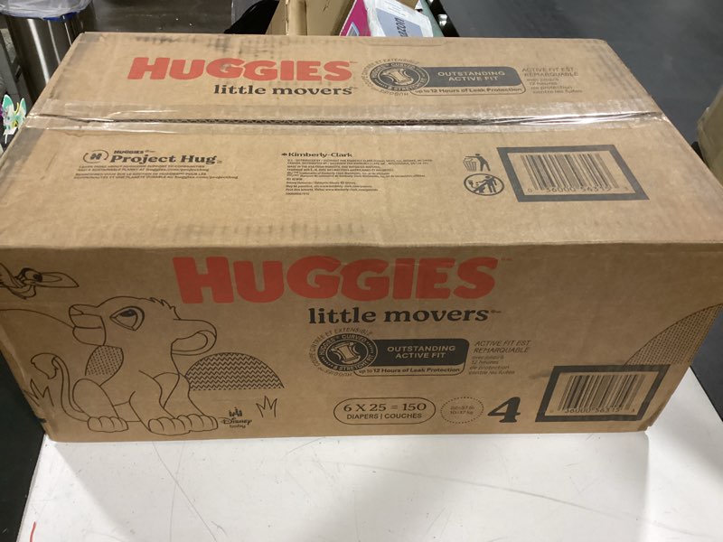 Condition photo showing New/Like New for huggies size 4 diapers, little movers baby diapers, size 4 (22-37 lbs), 150 count (6 packs of 25), packaging may vary size 4 150