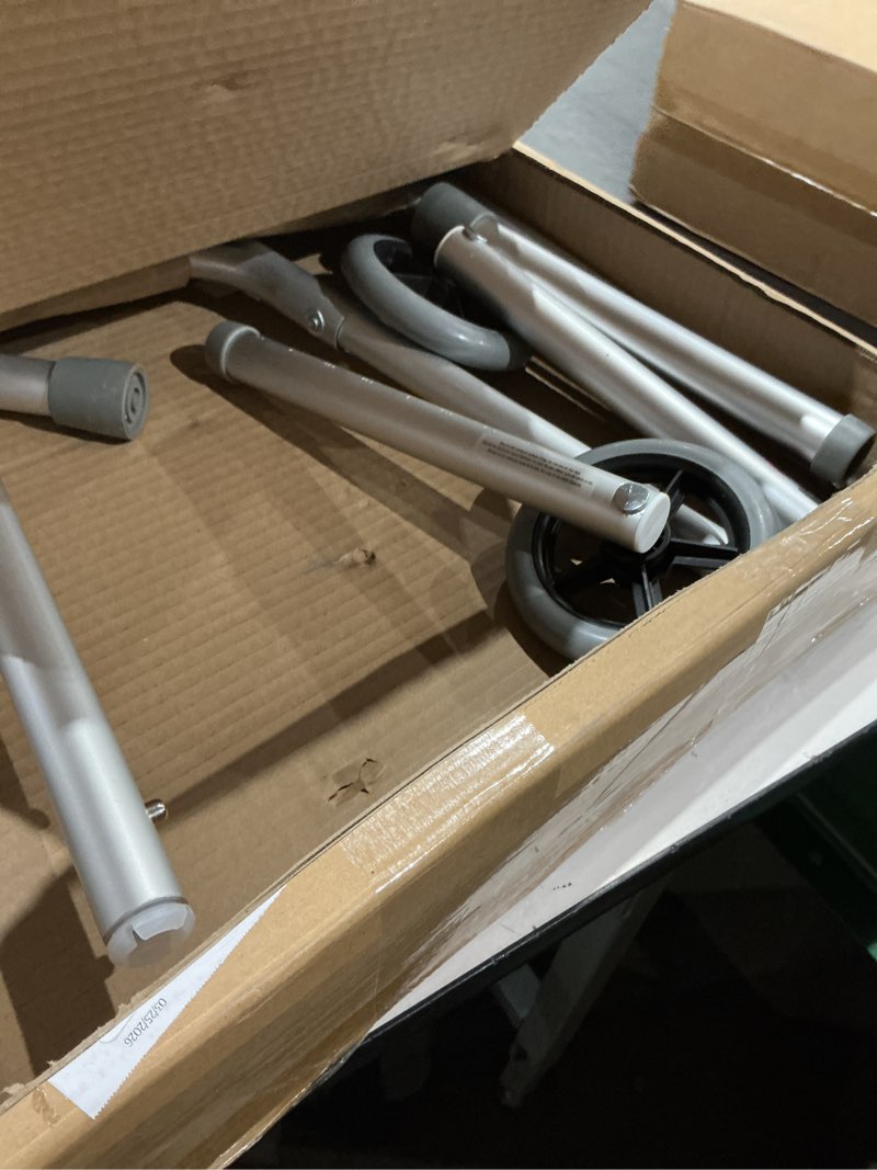 Condition photo showing As Is for medline lightweight two button folding walker with 5" wheels, aluminum frame supports up to 300 lbs metallic 1 count (pack of 1)