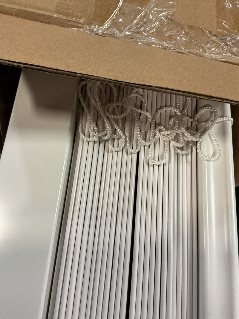 Condition photo showing As Is for lazblinds 2-inch cordless faux wood blinds with royal valance, room darkening horizontal window blinds, inside mount blinds for windows - fit for window 27" w x 72" h - white white 27"w x 72"h