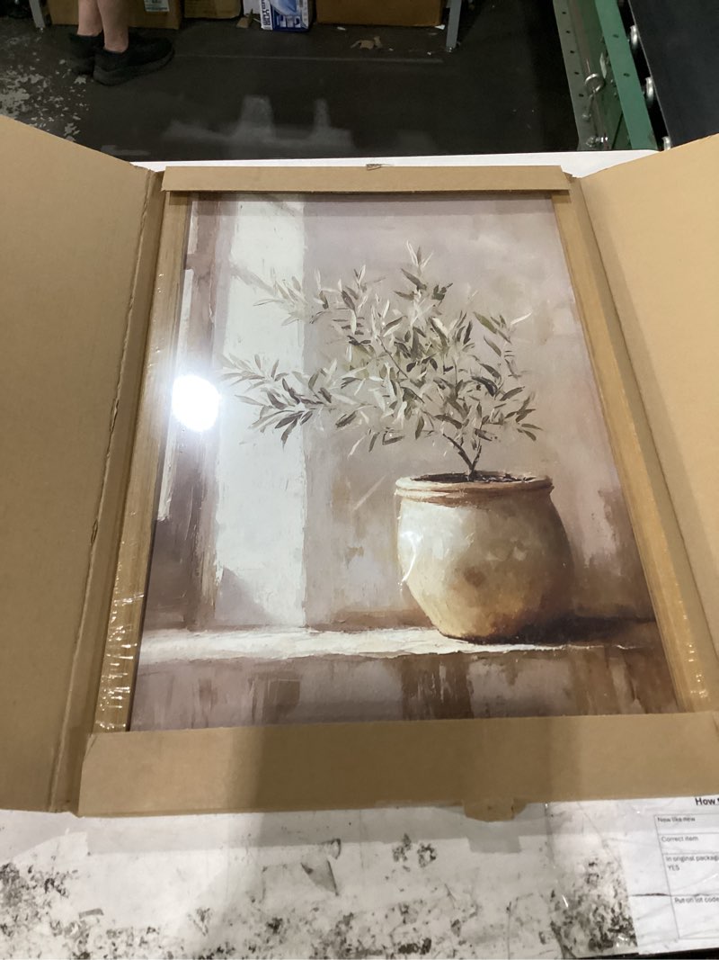 Condition photo showing Good Condition for vintage framed olive tree canvas wall art, neutral botanical pictures wall decor, rustic potted plant paintings prints, organic modern farmhouse artwork for living room bedroom 16x24 inch olive tree 24"l x 16"w