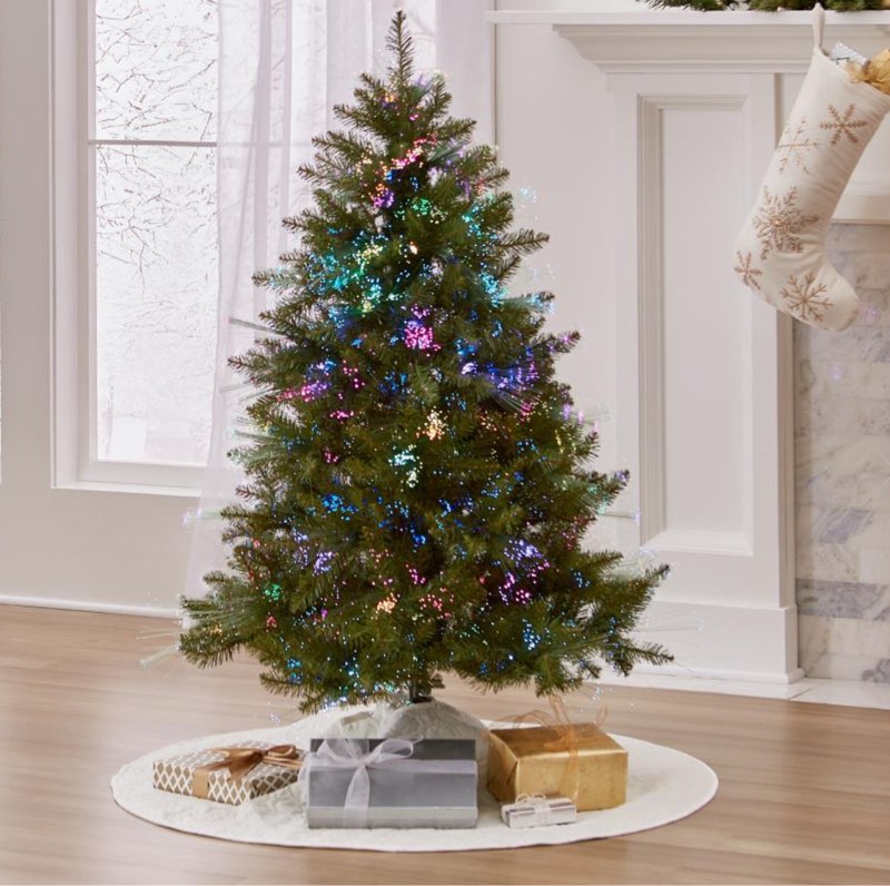 this is the indoor/outdoor Christmas tree that creates a dancing cascade of colors along its branches. The fiber optic tips seamlessly change from red, orange, yellow, green, blue, purple, or produce glistening white illumination for a festive light show. The controller enables one to easily select a lighting option, cycle through each mode, and set the timer to turn the tree on for eight hours and off for 16 hours. The tree is comprised of three sections that simply stack and lock into place for ease of setup and rests on the included metal stand.
