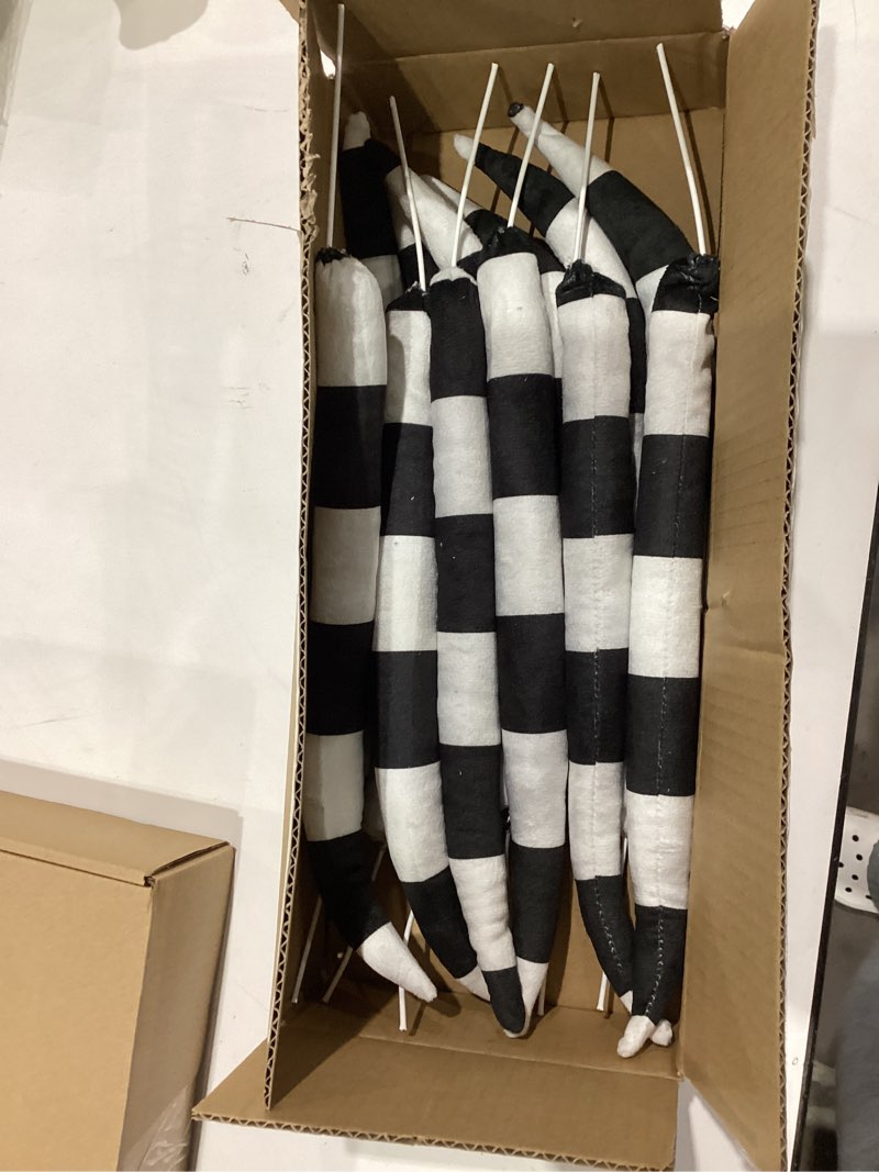 Condition photo showing As Is for 24 Pcs 12 Inch Nightmare Christmas Tree Branch Picks Sandworm Decoration Freely Curving Black and White Striped Sticks for Xmas Holiday Party