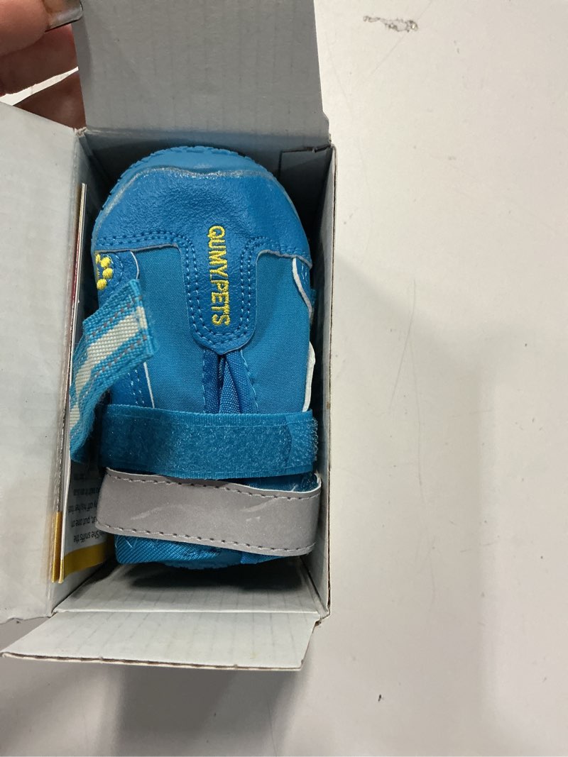 Condition photo showing Good Condition for QUMY Dog Shoes for Large Dogs, Medium Dog Boots & Paw Protectors for Winter Snowy Day, Summer Hot Pavement, Water-Resistant in Rainy Weather, Outdoor Walking, Indoor Hardfloors Skid-Resistant Sole Blue Size 1: 1.8''x2.3''(W*L) (Pack of 4)