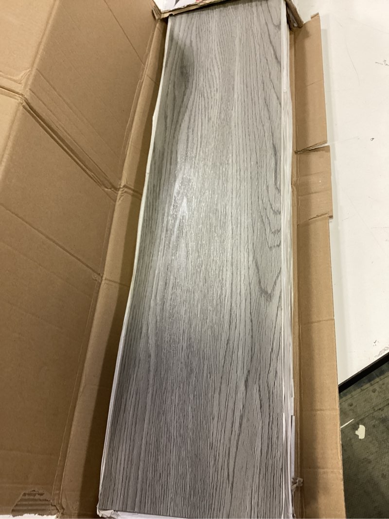 Condition photo showing Good Condition for Mysflosy Peel and Stick Floor Tiles, Self-Adhesive Luxury Vinyl Flooring Plank, 6x36inch 36pack 54 Sq.Ft, Waterproof DIY Deep Wood Grain Planks Easy to Install for Kitchen, Living Room, Light Grey 36 x 6 inches Light Grey 36