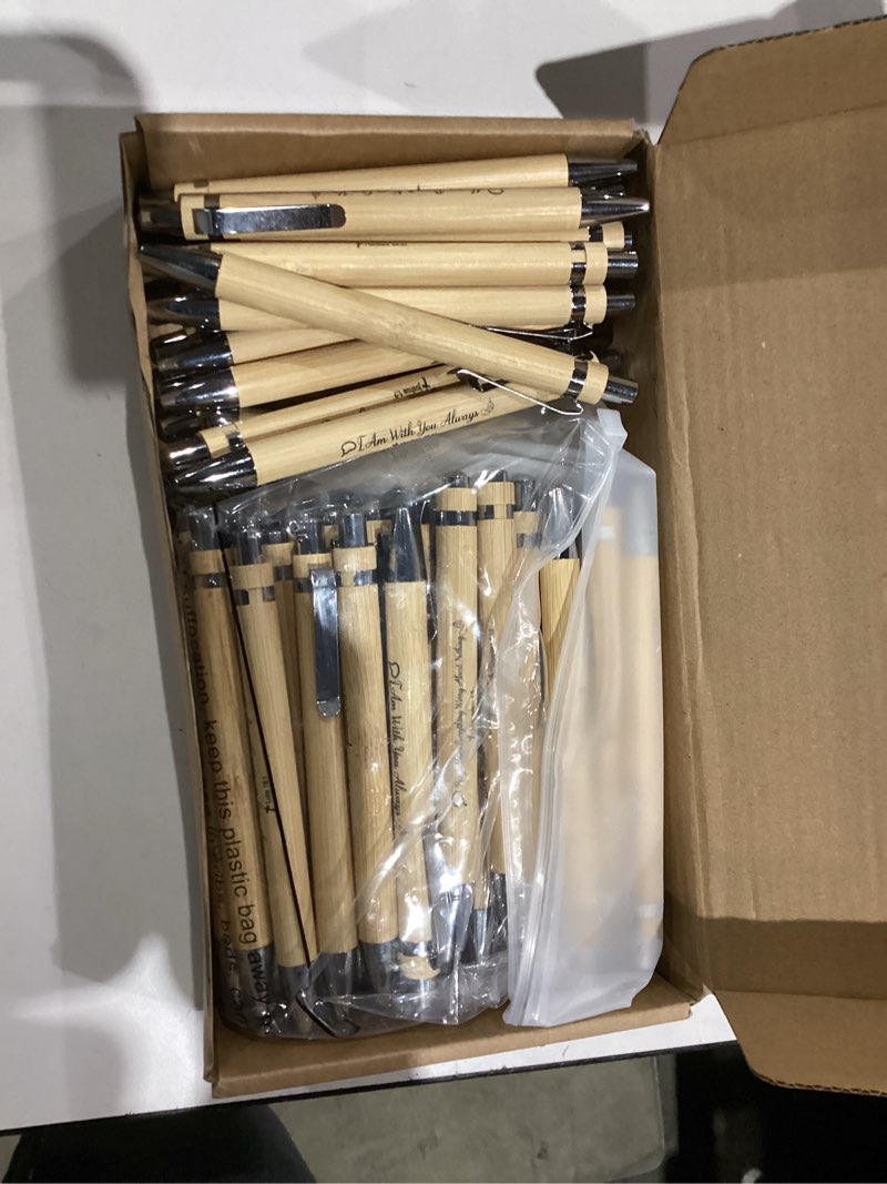 Condition photo showing New/Like New for 100 Pcs Christian Gifts First Communion Favors Christmas Bible Verse Bulk 50 Bible Verse Bamboo Pens 50 Prayer Hemps Cards Set for Women Men Church Sunday Christian Party Gifts