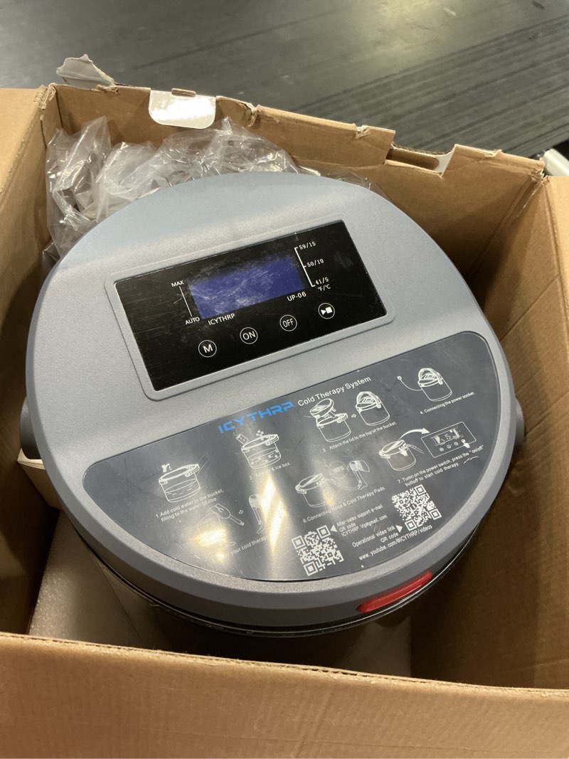 Condition photo showing As Is for cold therapy machine with programmable timer, ice-machine-for-knee-after-surgery, knee replacement recovery equipment, cryotherapy pain relief w/compression pad for shoulder, ankle (dark grey)