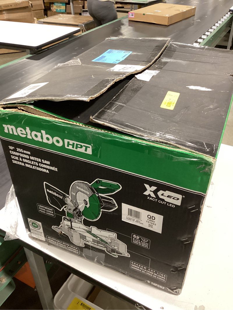Condition photo showing Good Condition for metabo hpt 10-inch single bevel compound miter saw, 15-amp power saw with xact cut shadow line, precision miter angles, single bevel 0-45°, 40t tct miter saw blade, lightweight design, c10fcg2 c10fcg2 - next gen model