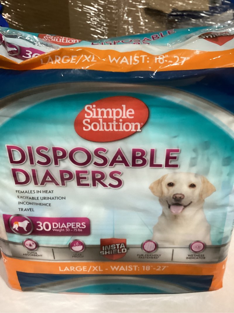 Condition photo showing New/Like New for simple solution disposable dog diapers, female dog diapers, puppy potty training, incontinence and heat cycle protection, large diapers for dogs, 18-27 inch waist, 30 count 30 count l/xl