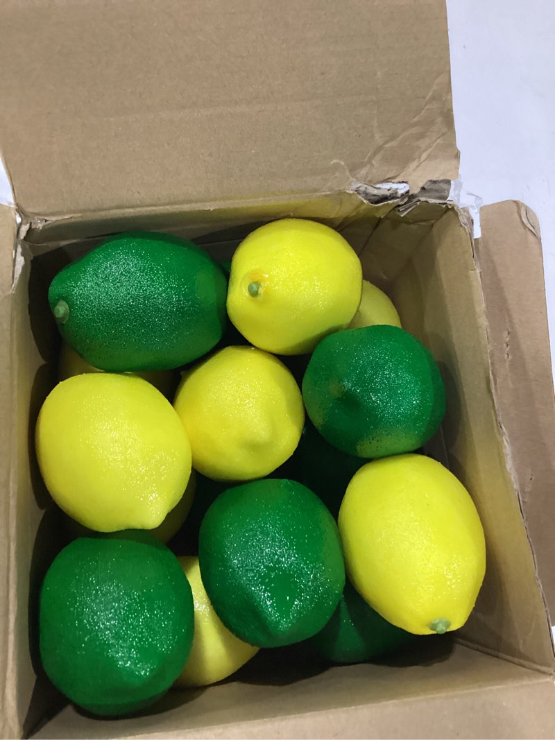 Condition photo showing New/Like New for 22 pcs fake oranges artificial fruits vivid green and yellow lemon set mixed color decoration lifelike for home kitchen cabinet party decor photography prop