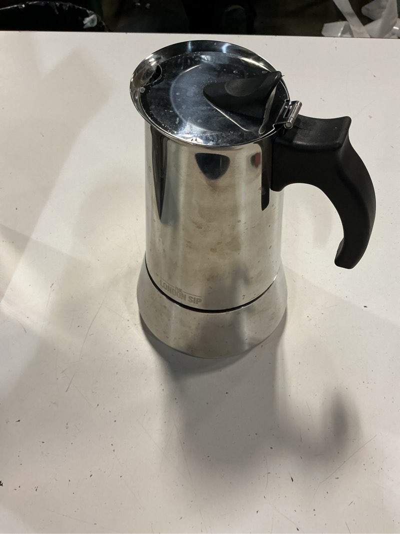 Condition photo showing As Is for london sip stainless steel stovetop espresso maker moka pot italian coffee percolator, silver, 10 espresso cups large silver