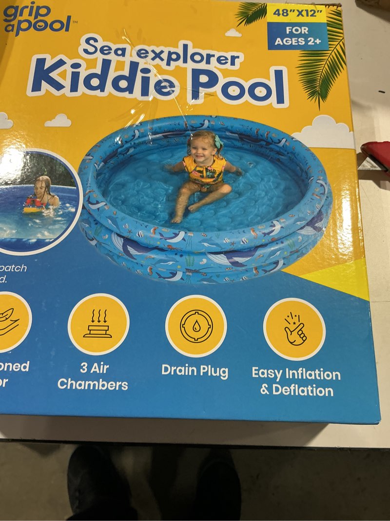 Condition photo showing Good Condition for inflatable kiddie pool for toddlers, 48"x12" round plastic blow up kids swimming pool, outdoor water play, ball pit toys for kids age 2 3 4 5, summer essential baby splash pools with cushioned floor