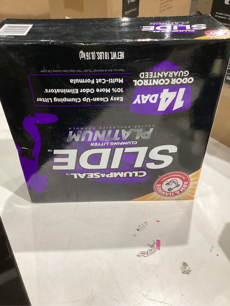 Condition photo showing Good Condition for ARM & HAMMER Clump & Seal SLIDE Platinum Multi-Cat Clumping Cat Litter, 14-Day Odor Control, EZ Clean Technology, 18 lbs – No Scrubbing, Powerful Odor Eliminator SLIDE Platinum Clumping Litter 18 Lbs