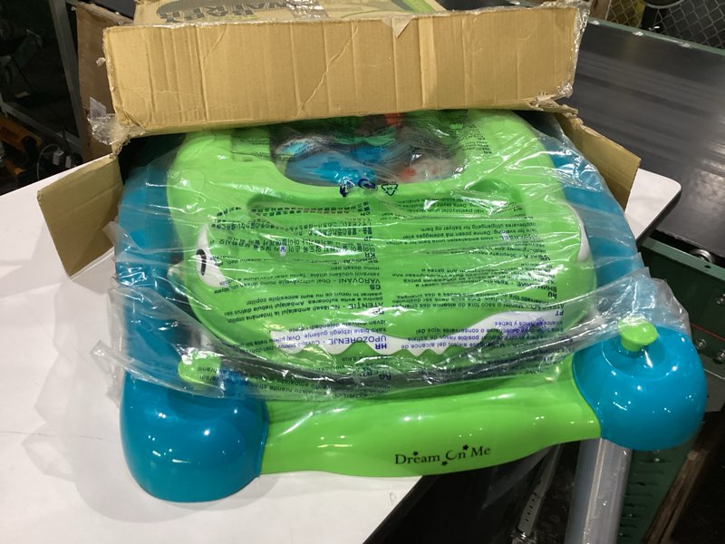 Condition photo showing New/Like New for dream on me baby steps baby walker in blue and green, adjustable three position height setting, removable tray, easy to fold and store baby walker blue/green