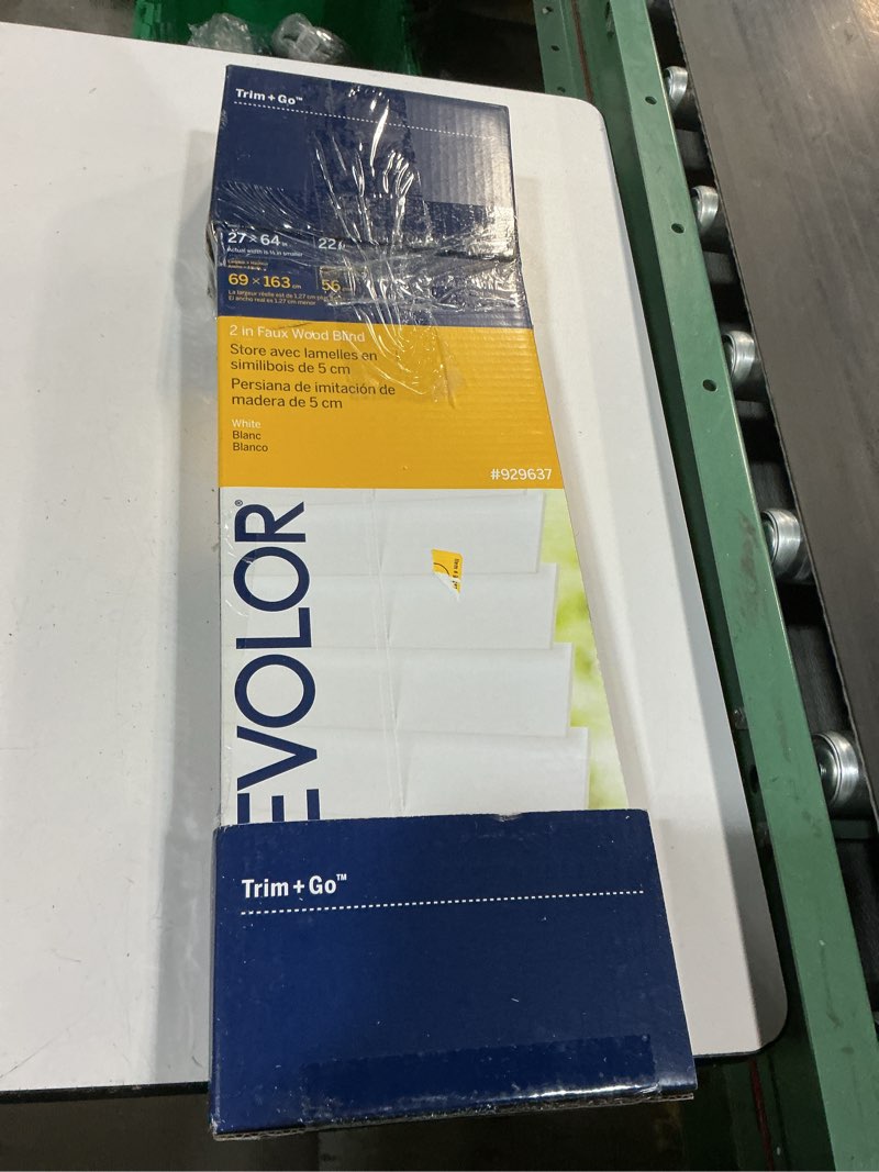 Condition photo showing As Is for levolor trim+go 2-in slat width 27-in x 64-in cordless white faux wood room darkening full-view standard horizontal blinds