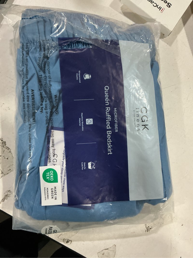 Condition photo showing New/Like New for wrap around dust ruffle bed skirt - denim blue - for queen size beds with 15 inch drop - elastic strap - adjustable pleated bedskirt with brushed fabric and wrinkle free - for women, men, kids & teens queen 15" - drop 20 - denim blue