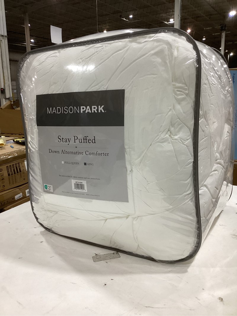 Condition photo showing As Is for madison park king comforter, overfilled high desity down alternative fill winter comforter, 3d puff jump tack quilted microfiber fluffy comforter, corner loops, stay puffed, king/cal king, white