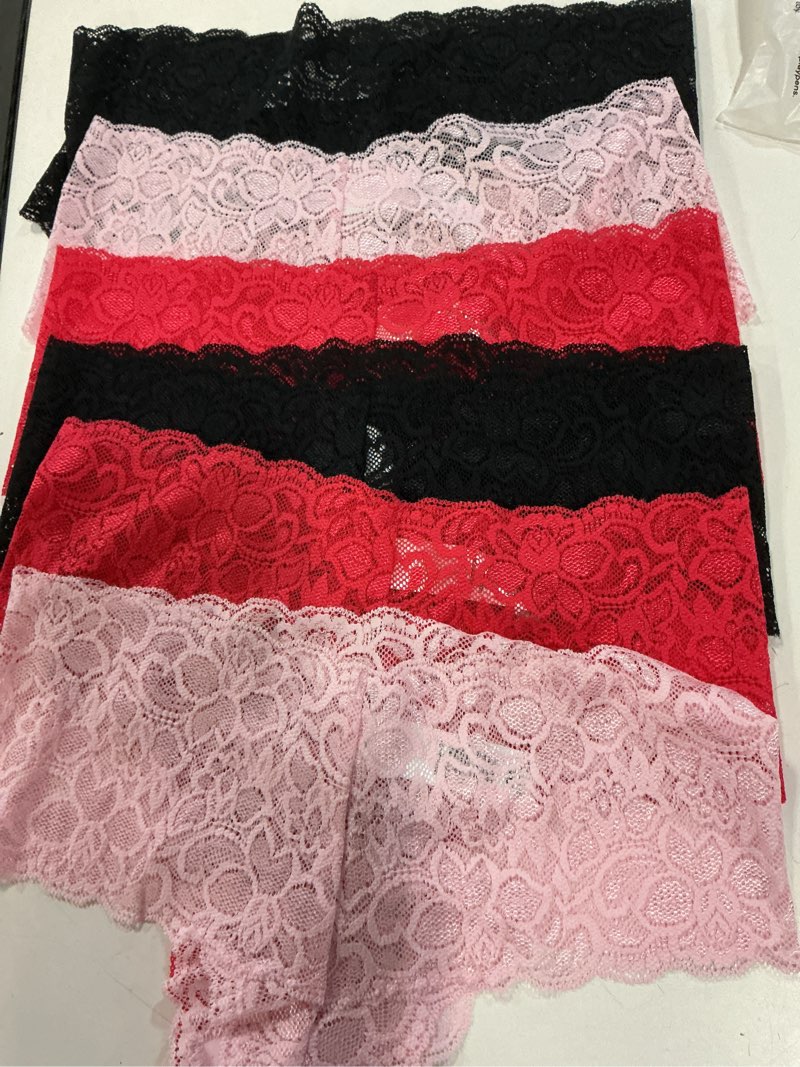 Condition photo showing Good Condition for stretch lace thong (6-pack), m, black/pale pink/ruby