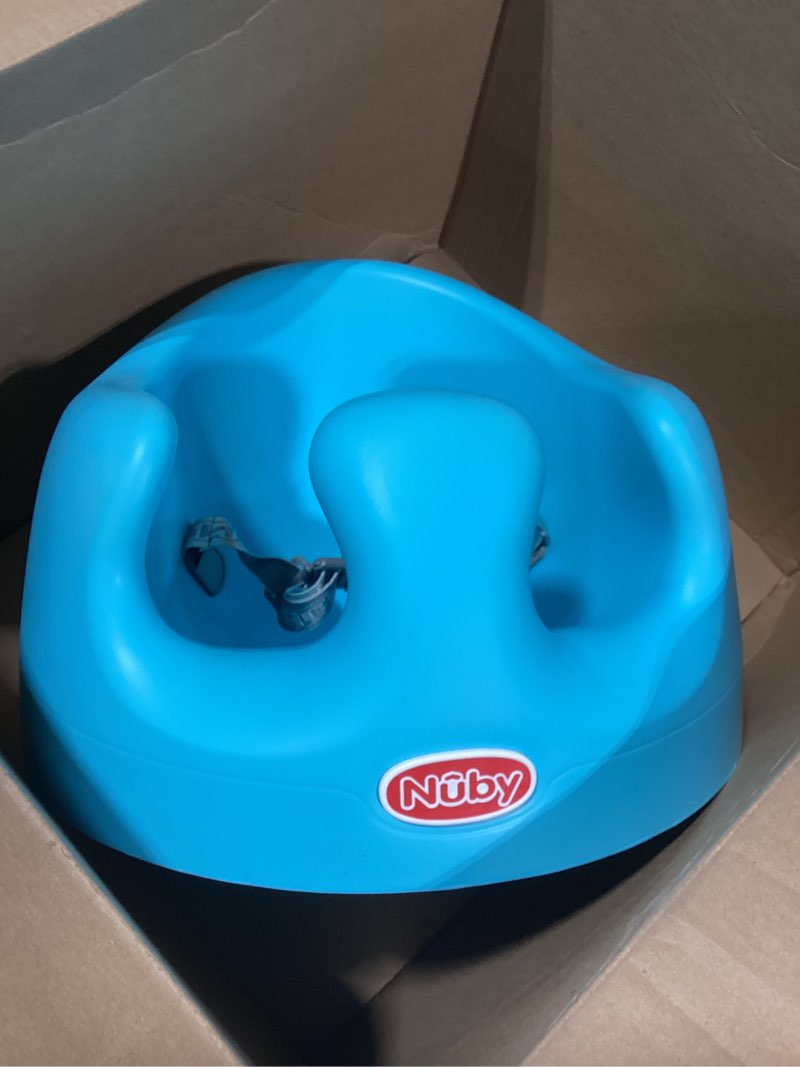 Condition photo showing As Is for nuby my floor seat - portable baby chair with soft foam cushion, safety harness, and high back design - 4+ months - aqua