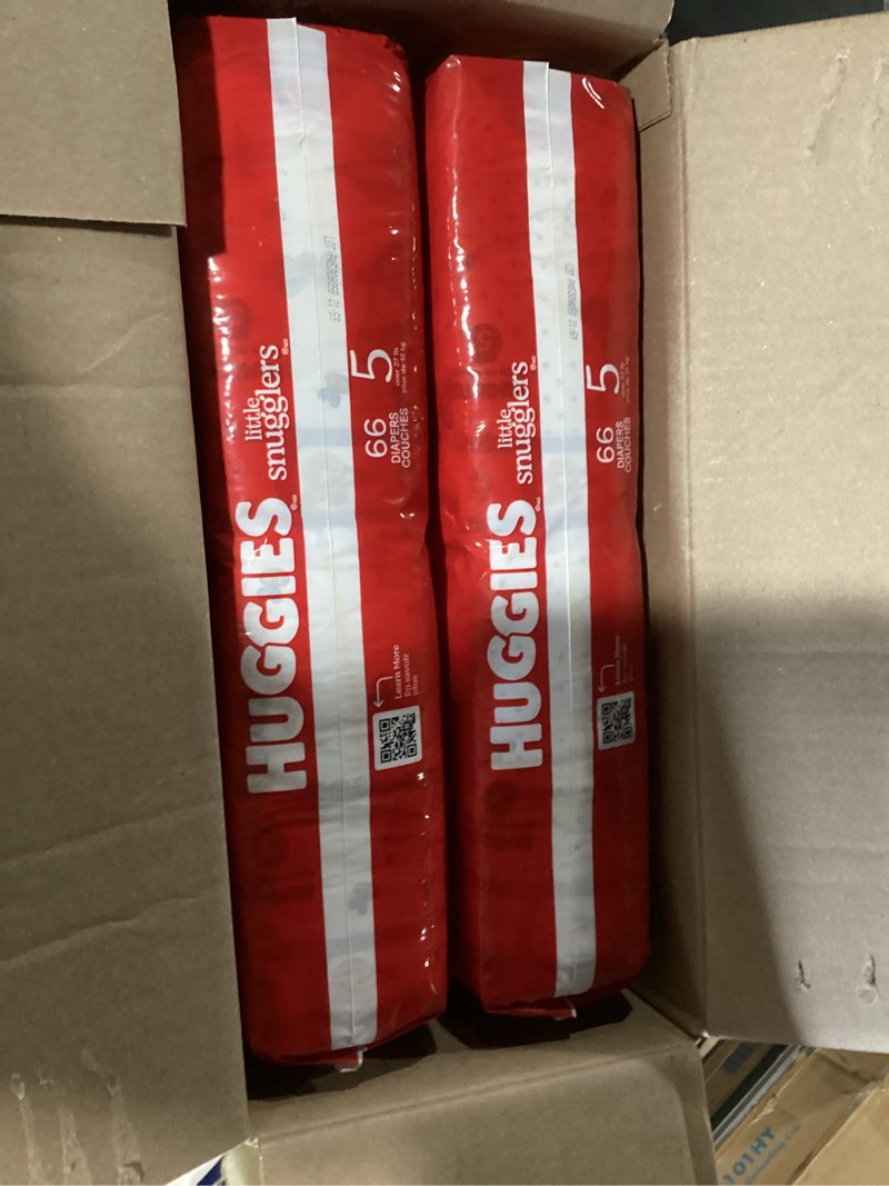 Condition photo showing New/Like New for huggies size 5 diapers, little snugglers baby diapers, size 5 (27+ lbs), 132 count (2 packs of 66), packaging may vary size 5 132